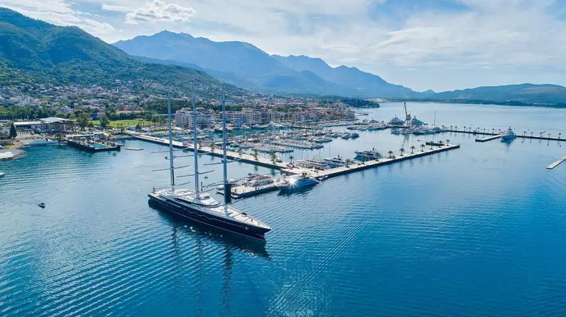 A tall sailing yacht arriving at Porto Montenegro, Tivat