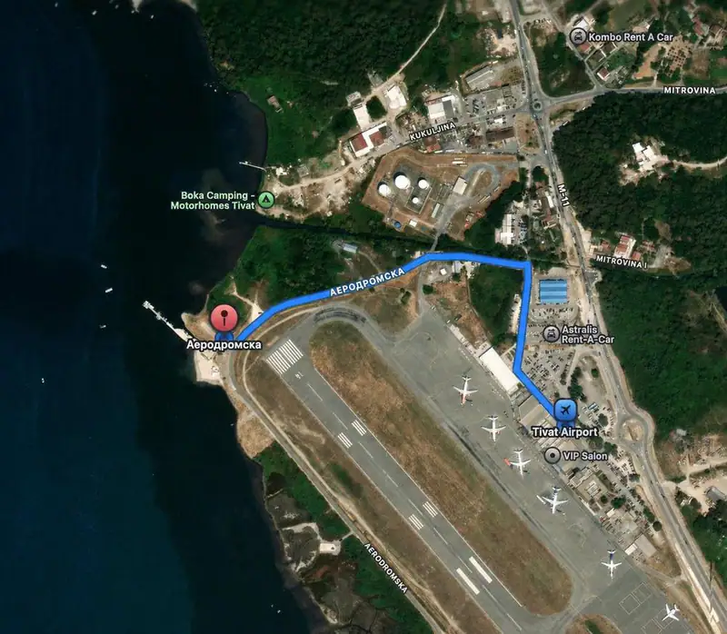Map of the short route from Tivat Airport to the Aerodromska pier