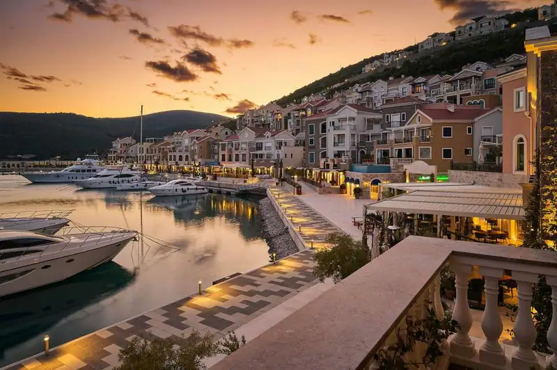 Marina promenade glowing at sunset