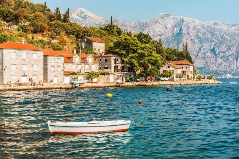 The quiet shore of Muo and Prčanj across from Kotor