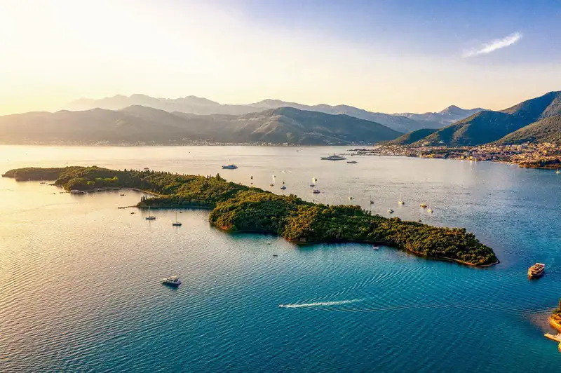 The green island of Sveti Marko near Tivat at golden hour