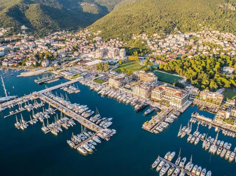 Tivat and the bay from above, with the airport close to the shore